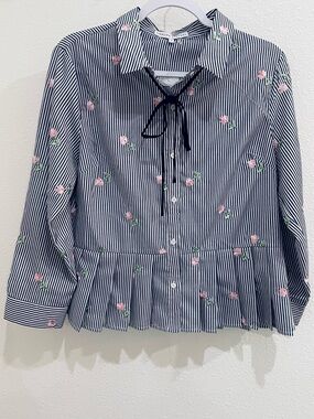 English Factory Embroidered Preppy Bow Top Feminine Striped Peplum Nautical